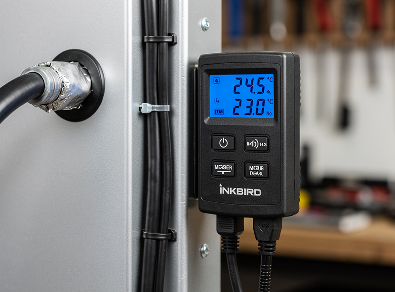Inkbird dual-stage temperature controller mounted on a curing chamber with neat zip-tied wiring