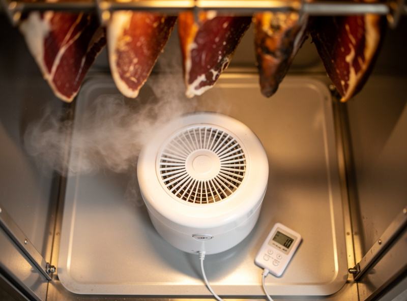 Ultrasonic humidifier inside a curing chamber emitting fine mist with a hygrometer probe nearby