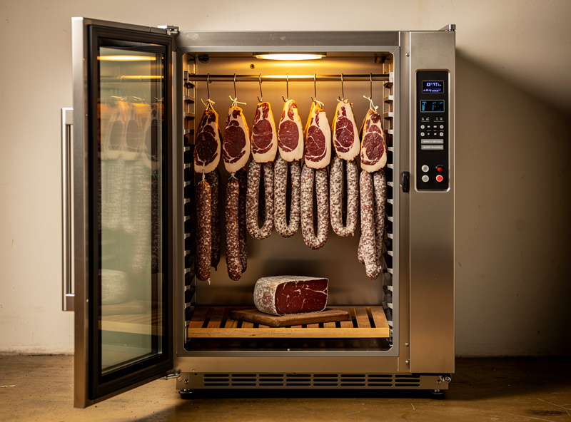 Finished DIY curing chamber with hanging dry-aged ribeye, salami chains, and aged cheese on a slatted shelf