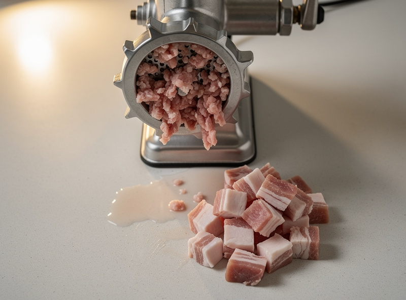 Top-down photograph of a meat grinder on a kitchen counter with cubed pork shoulder partially ground showing the coarse-grind texture with fresh white pork fat visible mixed in
