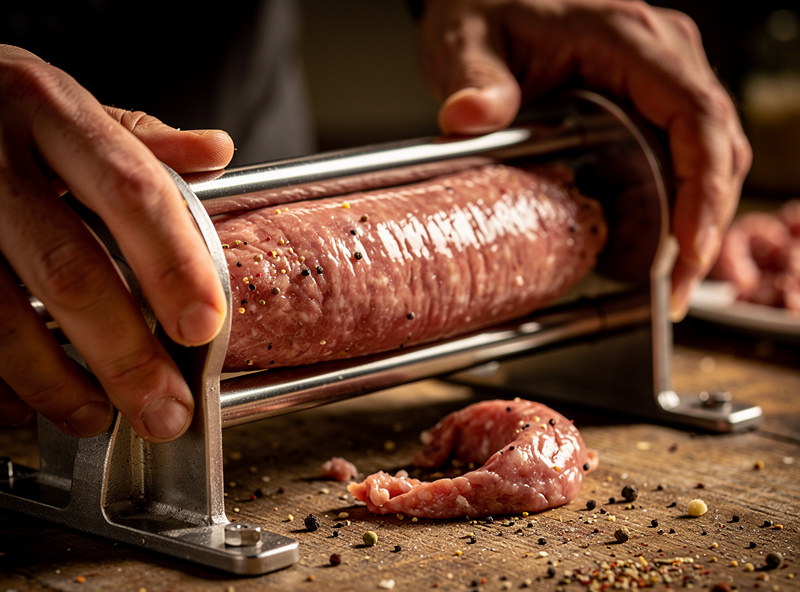 Macro close-up of hands stuffing seasoned ground pork salami mixture into a natural beef middle casing using a sausage stuffer with the casing being filled tightly without air pockets