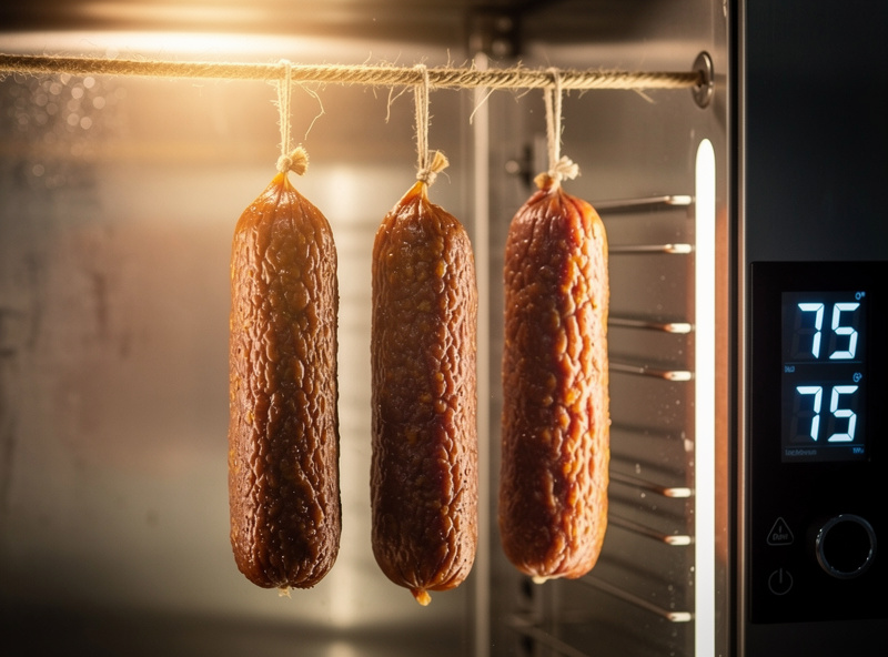 Three salami links hanging from butcher's twine in a fermentation cabinet at warm temperature with casings showing faint moisture beads from active fermentation and a digital thermometer reading 75 degrees