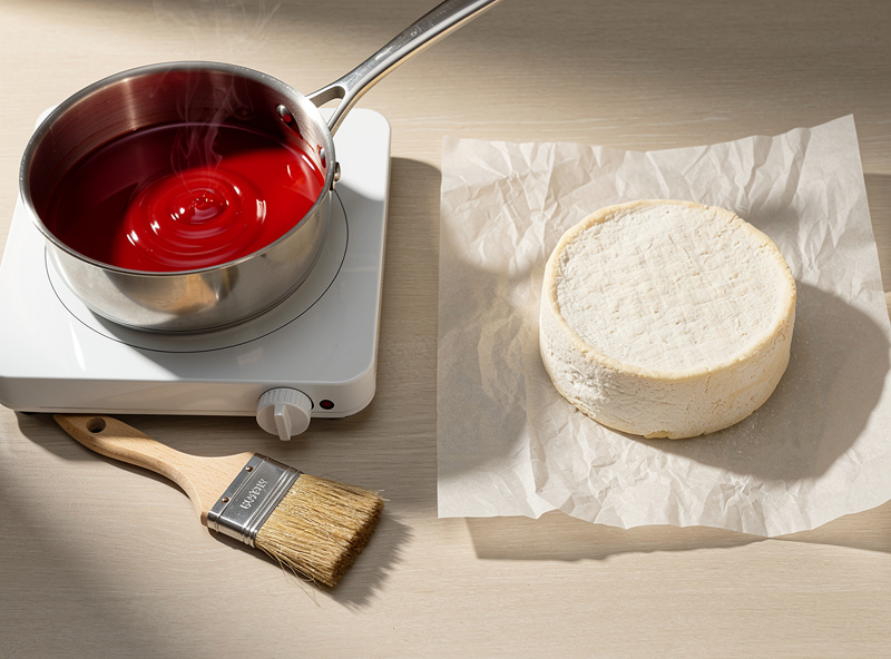 Top-down view of melting cheese wax in a small dedicated saucepan on an electric burner with the wax in liquid red form and a small flat brush nearby with a fresh cheese wheel on parchment paper waiting to be coated