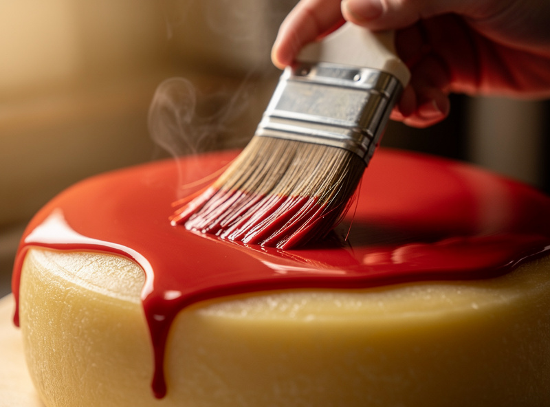 Macro action close-up of hands brushing red molten cheese wax onto a fresh cheddar wheel with the wax solidifying immediately into a smooth coating on contact with the cool cheese surface
