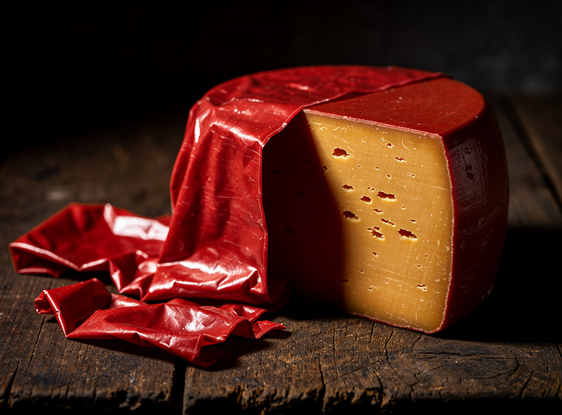 A 6-month-aged cheddar cheese wheel being unwrapped showing the dark amber paste of mature cheddar where the red wax has been peeled away with the discarded wax peelings nearby