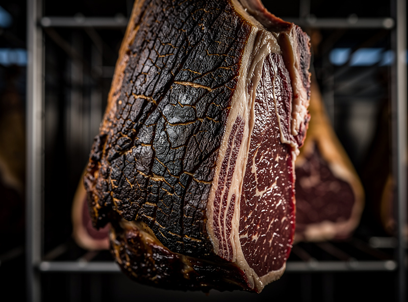 Macro close-up of a dry-aged beef ribeye showing the characteristic dark crusty exterior pellicle with visible marbling beneath hanging in a chamber with dramatic side lighting