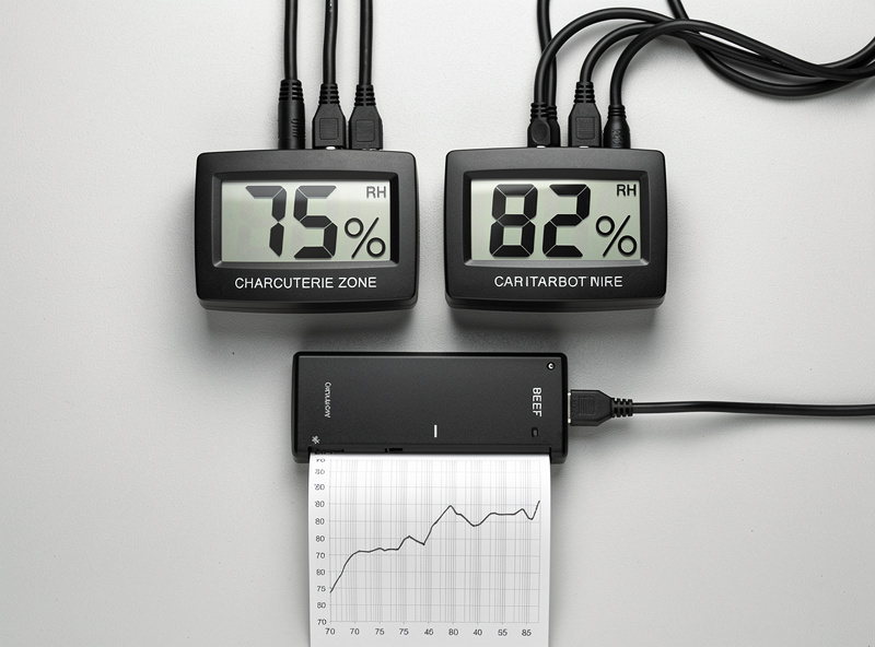 Top-down view of a curing chamber controller setup showing two digital hygrometer displays — one reading 75% RH for charcuterie zone and the other reading 82% RH for beef zone with a data logger printout showing humidity over time