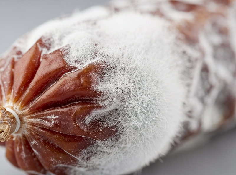 White Penicillium mold on salami casing showing healthy beneficial mold growth