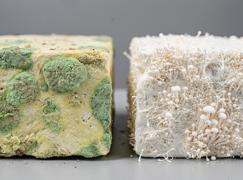 Green Trichoderma contamination on mushroom substrate compared to white mycelium