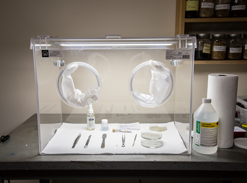 Still air box with gloves and alcohol for sterile technique in home workshop