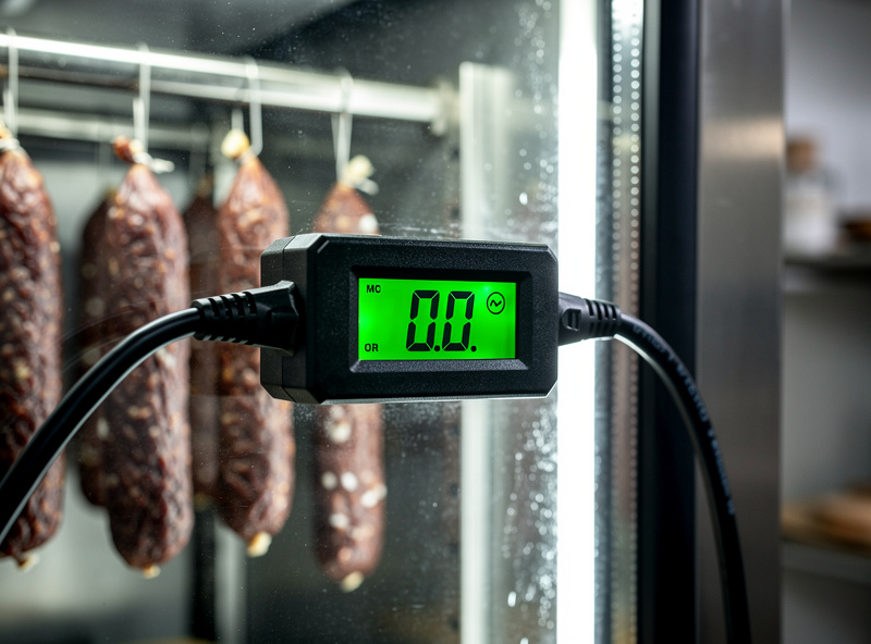 Wattmeter on a curing chamber refrigerator cord showing live wattage reading