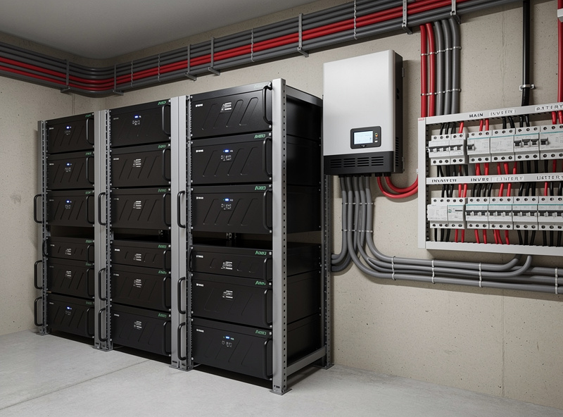 Wall of stacked LiFePO4 server rack batteries with hybrid inverter in a basement