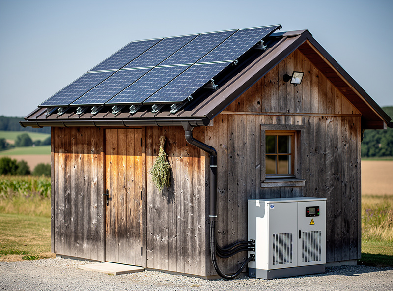 Solar panel array on outbuilding roof with charcuterie shed visible nearby