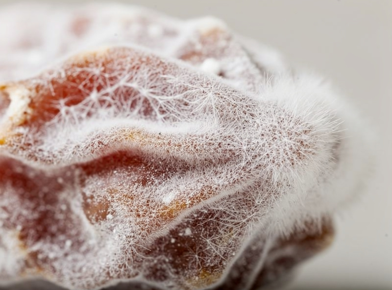 Macro close-up of fluffy white Penicillium mold bloom on a salami casing surface