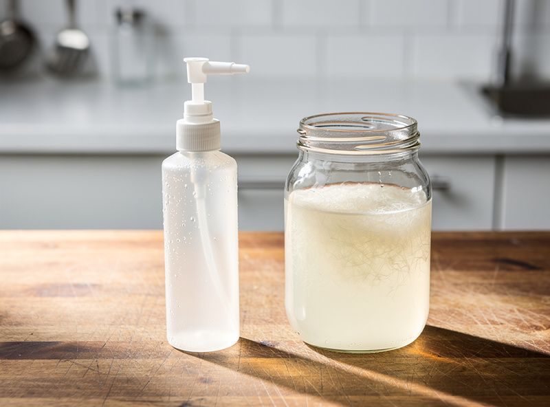 Spray bottle next to glass jar of cloudy mold culture suspension on a butcher block