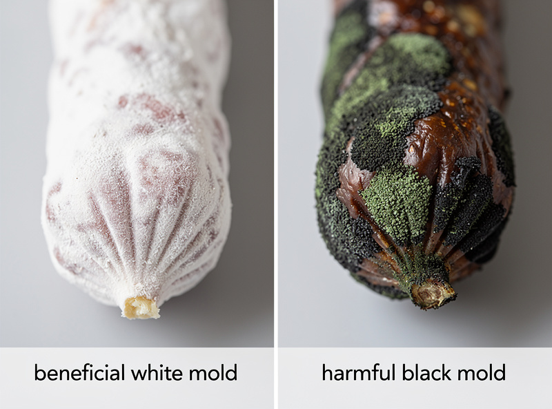 Comparison of beneficial white Penicillium mold versus harmful black mold on charcuterie surfaces