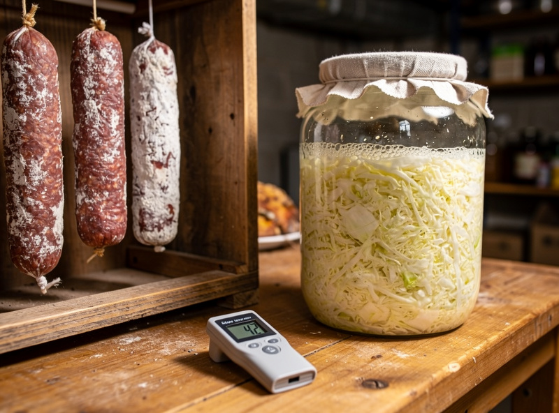 Three salami sticks hanging in a curing chamber alongside a glass crock of fermenting sauerkraut, a digital pH meter on a workbench in the foreground, soft basement light
