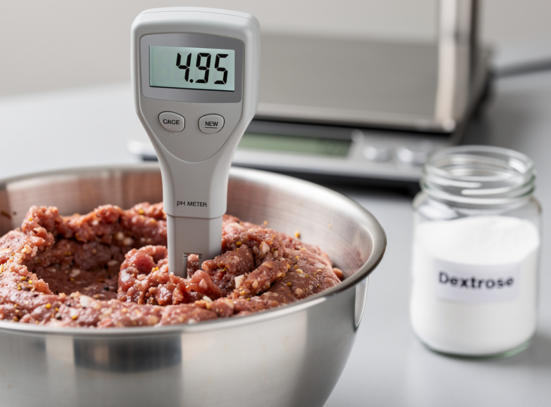 A digital pH meter probe inserted into a freshly ground salami mixture in a stainless steel mixing bowl, the display reading 4.95, kitchen scale and dextrose container nearby