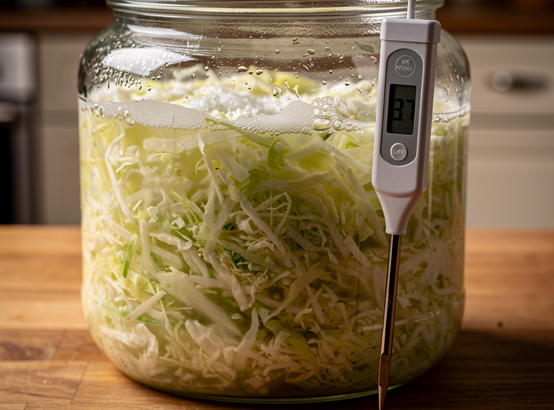 Glass crock of actively fermenting sauerkraut with visible bubble activity in the brine, a digital pH meter on the wooden countertop reading 3.7, soft kitchen lighting
