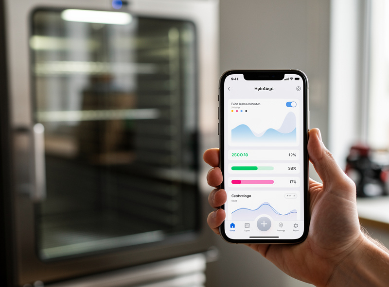 Smartphone showing home automation app dashboard with chamber temperature and humidity graphs