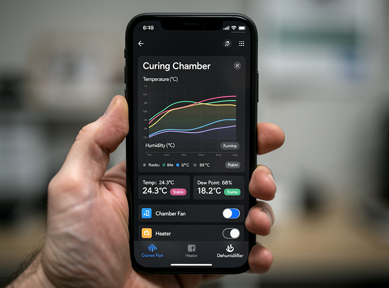 Smartphone showing Home Assistant dashboard with curing chamber temperature and humidity charts
