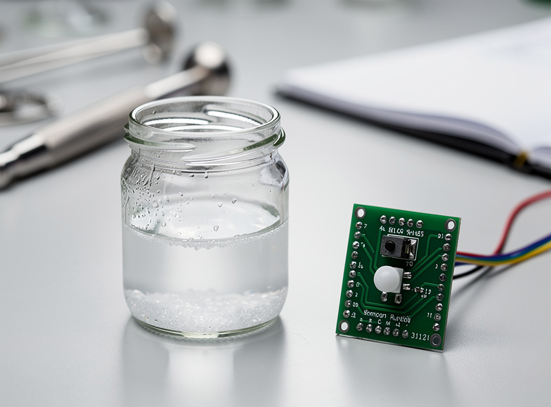 Saturated salt solution calibration setup with humidity sensor in glass jar