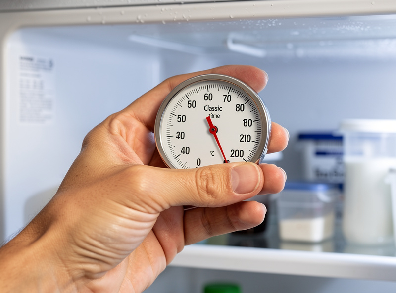 Hand holding a fridge thermometer inside an open mini fridge during a compressor cooldown test