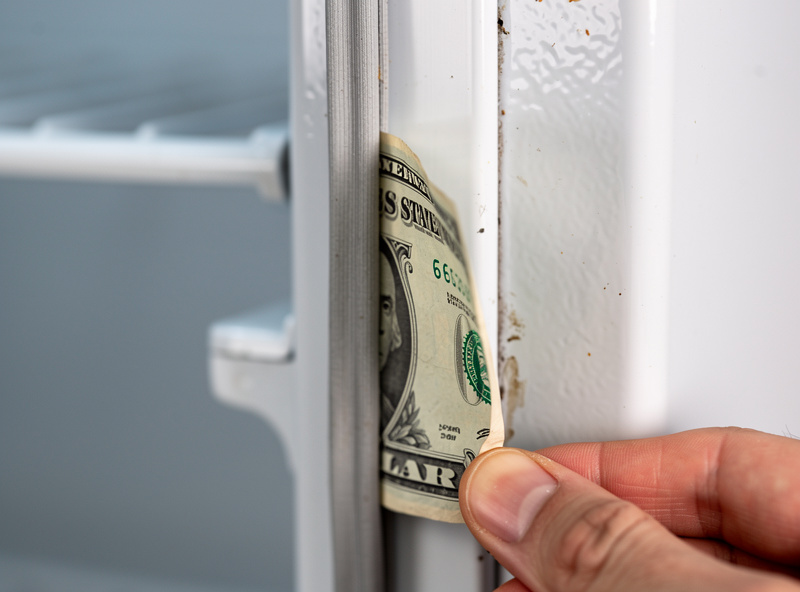 Dollar bill being pulled from between a fridge door gasket and frame during a seal inspection test