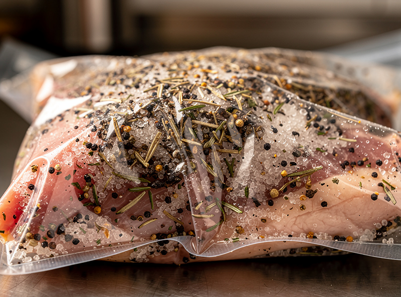 Pork loin coated in cure mix of salt, black pepper, and herbs in a vacuum bag for equilibrium curing