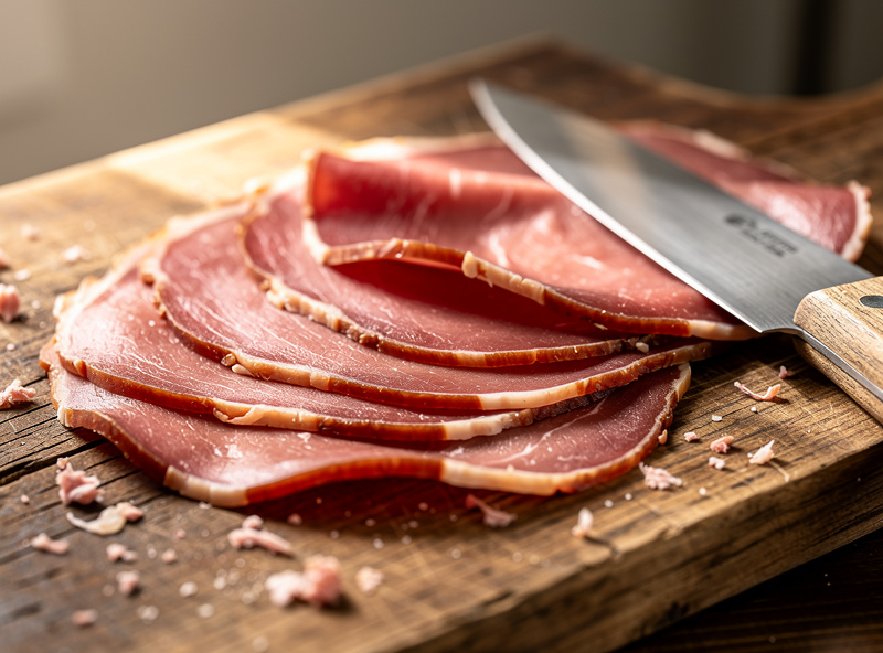 Paper-thin slices of homemade lonza on a wooden cutting board with a sharp slicing knife