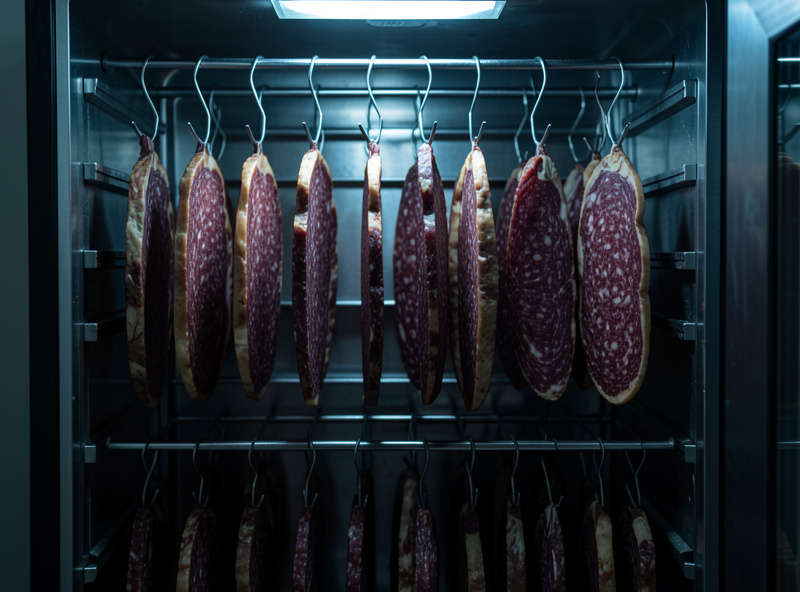 Full-height converted larder fridge curing chamber with multiple coppa and salami pieces hanging on dowels