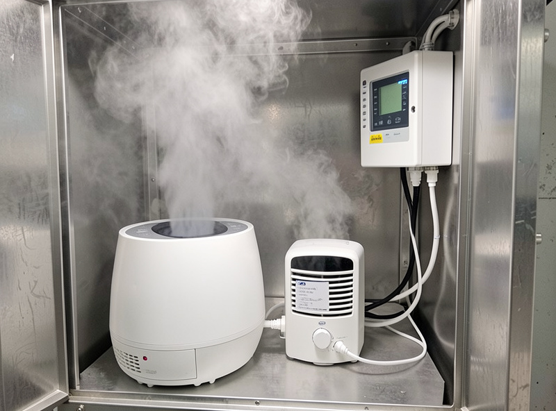 Ultrasonic cold-mist humidifier and small dehumidifier wired to an Inkbird humidity controller inside a large curing chamber