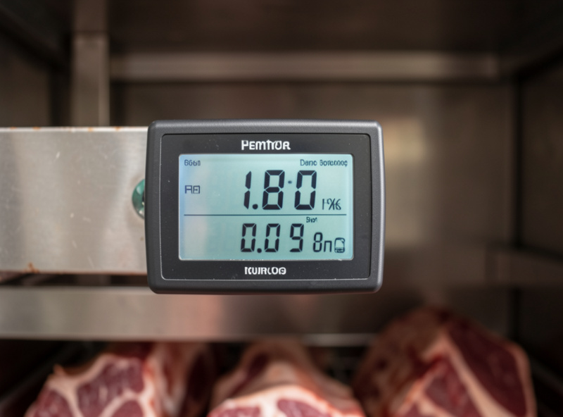 Digital hygrometer and data logger display showing temperature and humidity readings inside a curing chamber