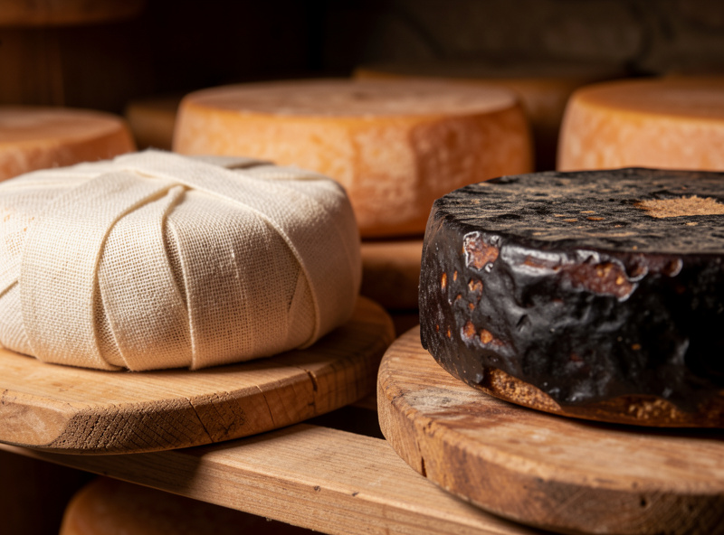 Wheels of bandaged and waxed cheddar aging on wooden shelves inside a converted-fridge curing chamber