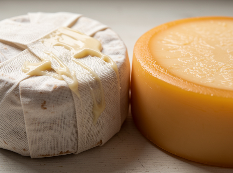 Close-up of a lard-rubbed muslin-bandaged cheddar wheel beside a waxed gouda showing two rind methods