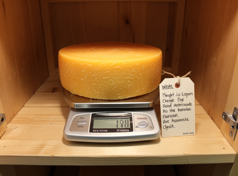 A digital scale weighing an aging cheddar wheel next to a handwritten weight log tag inside the chamber