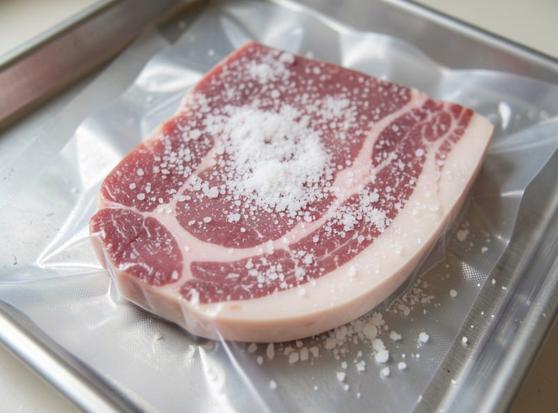 Pork belly rubbed with a measured dry cure of salt and cure number one in a bagged tray