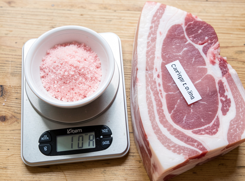 Digital scale weighing pink curing salt against a labelled pork belly for an accurate bacon cure ratio