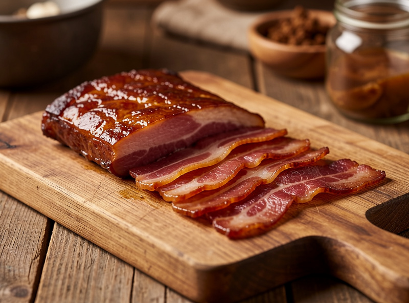 Sliced home-cured cold-smoked bacon resting on a board after forming a pellicle and taking smoke