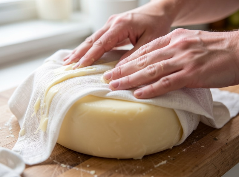 Hands pressing lard-coated muslin cloth onto a fresh cheddar wheel to bandage it for aging