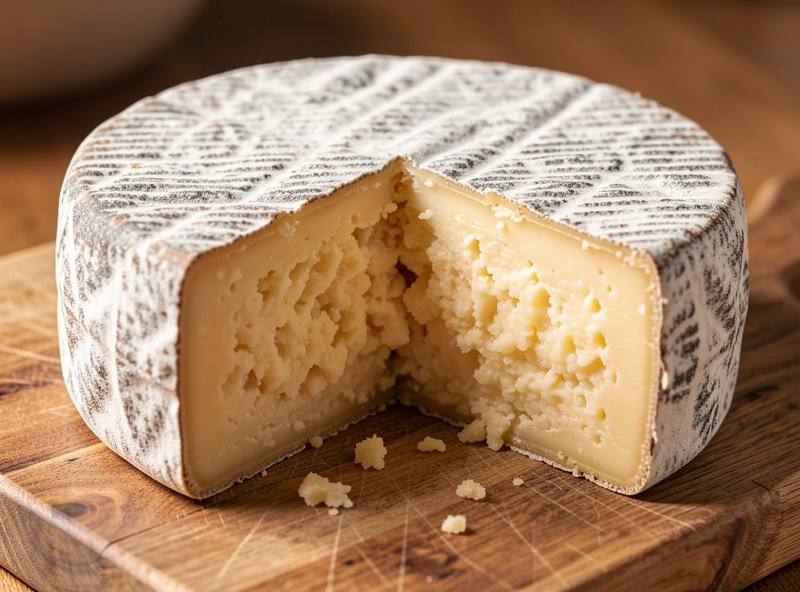 A mature clothbound cheddar wheel with a mottled grey-white cloth rind, cut open to show the dense crumbly paste