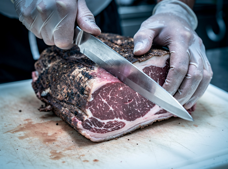 Boning knife trimming the hard dark bark off an aged striploin to reveal the deep red interior