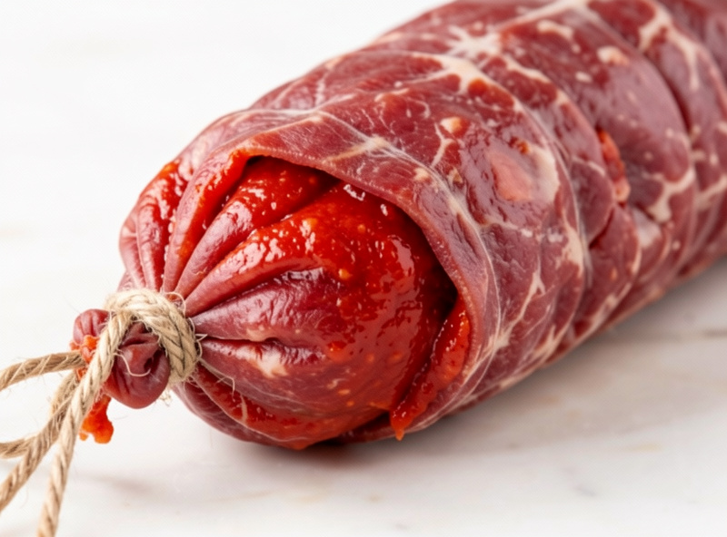 Wide beef bung casing stuffed with bright red nduja paste tied at the ends