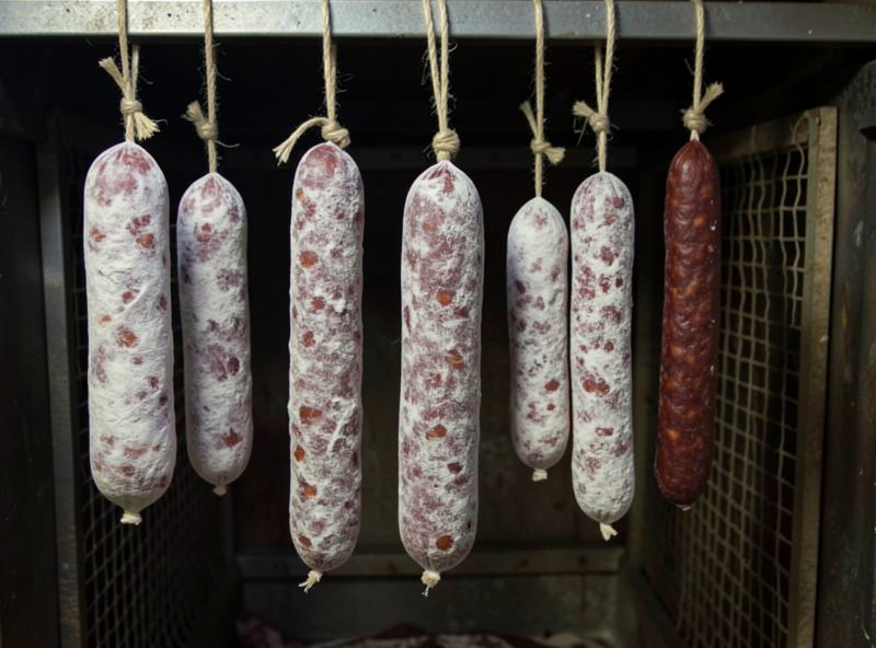 Several nduja sausages in different casings hanging in a curing chamber showing size differences