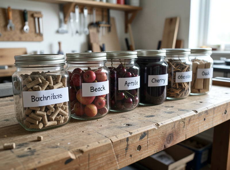 A selection of cold-smoking woods including beech, apple, cherry, and oak pellets in labelled jars