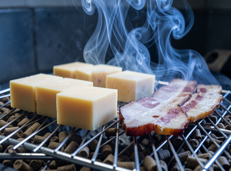 Cheese and bacon on a rack in thin blue smoke from hardwood pellets