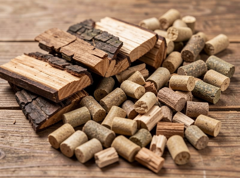 A selection of smoking wood chunks, chips, and pellets in different shades on a workbench