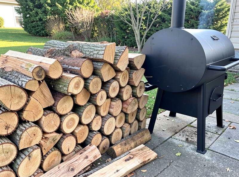 Split seasoned oak and apple logs stacked beside a smoker
