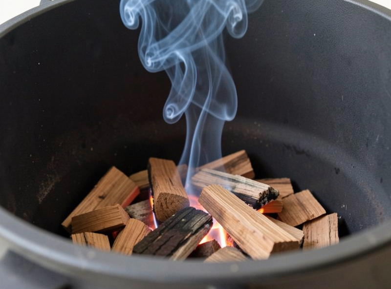 Thin blue smoke rising cleanly from a small fire of hardwood chunks in a smoker