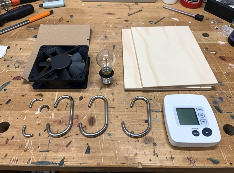 Components for a biltong box laid out on a workbench: 120mm computer fan, low wattage bulb, stainless S hooks, digital hygrometer, plywood panels